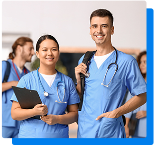 Group of medical students in blue scrubs